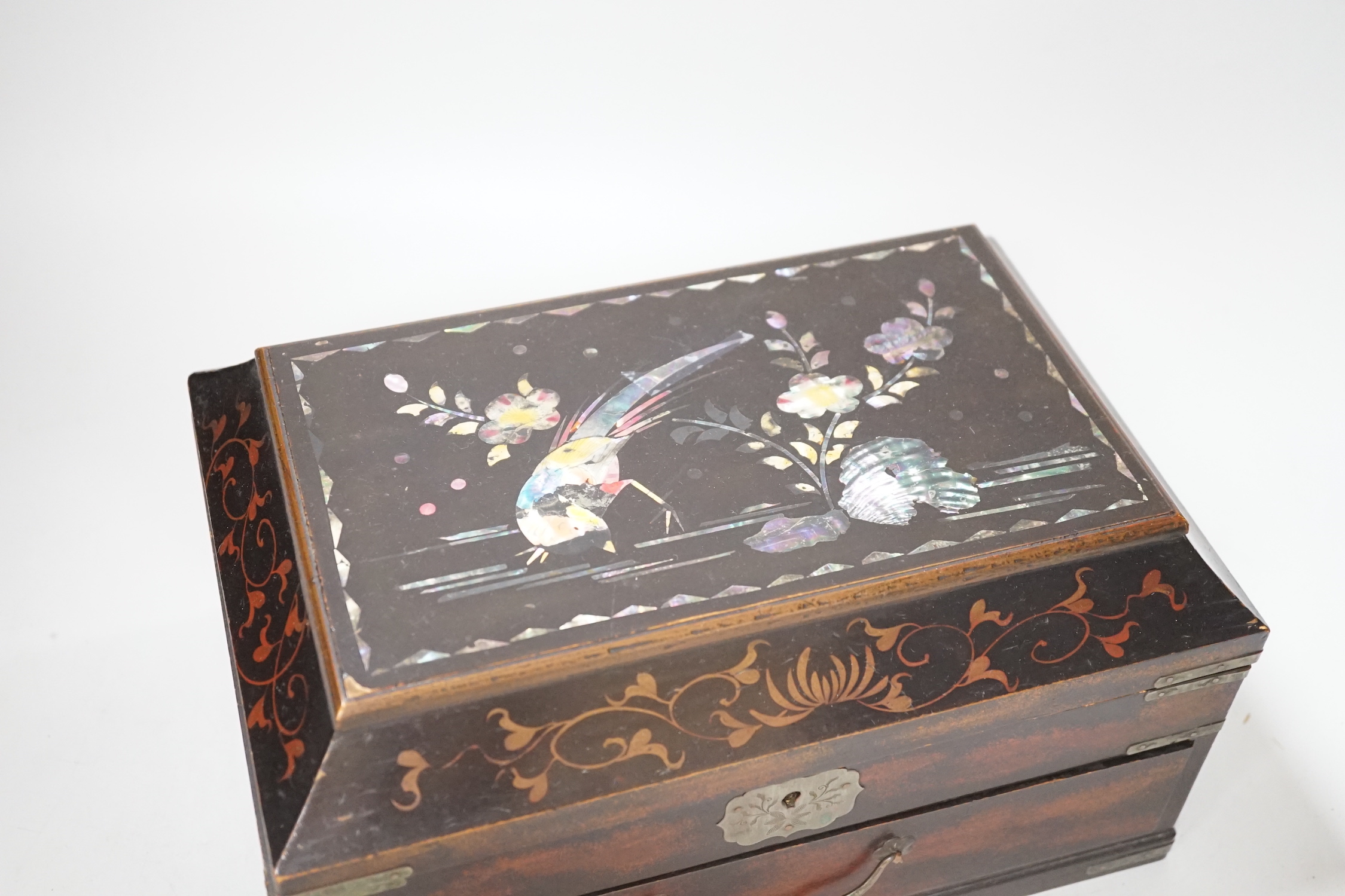A 19th century Japanese abalone inlaid lacquered casket, 27cm wide